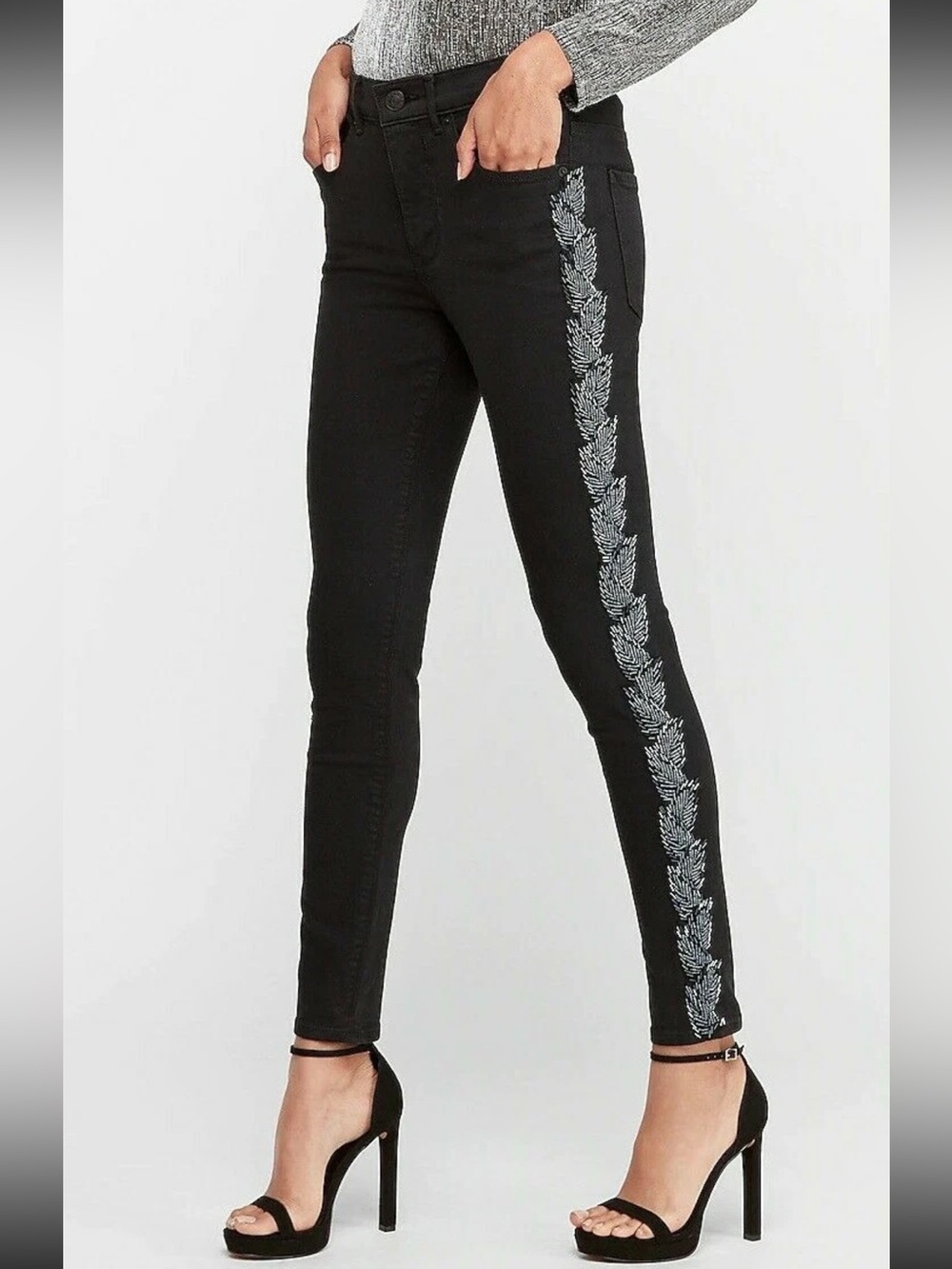 EXPRESS High Waist Black Leaf Embellished Ankle Jeans -6L